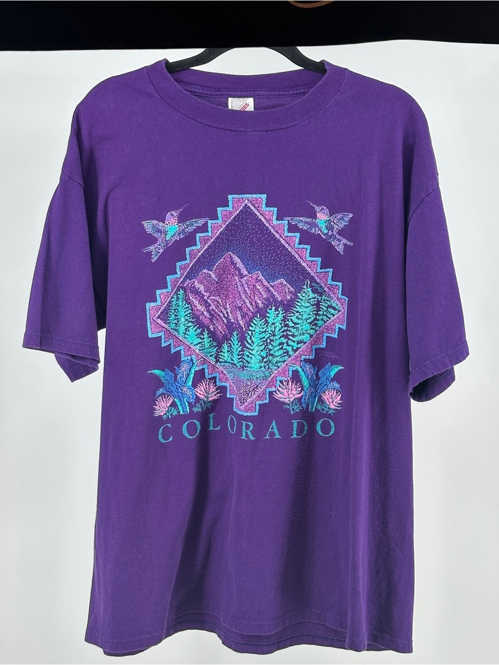 Vintage 90’s Jerzees Purple Colorado Graphic Tee with Teal & Pink Accents 2X